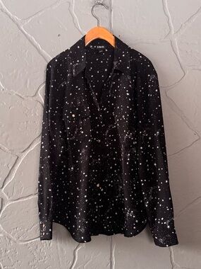 INC International Concepts Star Print Blouse Black Button Front Shirt Large